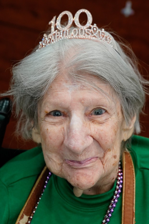 Rosa Caro, 100, is all smiles during a birthday celebration for people 100 years old and older at the New Jewish Home in Harlem on Tuesday, Sept. 30, 2025, in Manhattan, New York. (Barry Williams/ New York Daily News)