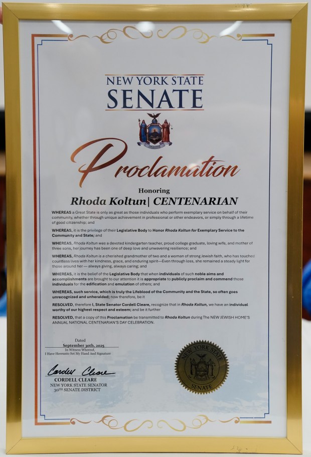 A New York State senate proclamation to Rhoda Koltun is pictured during a birthday celebration for people 100 years old and older at the New Jewish Home in Harlem on Tuesday, Sept. 30, 2025, in Manhattan, New York. (Barry Williams/ New York Daily News)