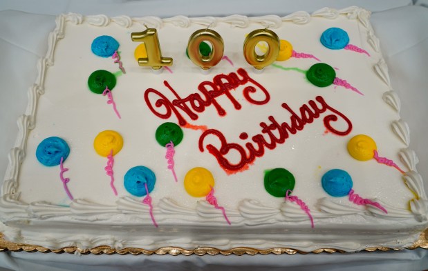 A birthday cake for 15 centenarians is pictured during a birthday celebration for people 100 years old and older at the New Jewish Home in Harlem on Tuesday, Sept. 30, 2025, in Manhattan, New York. (Barry Williams/ New York Daily News)